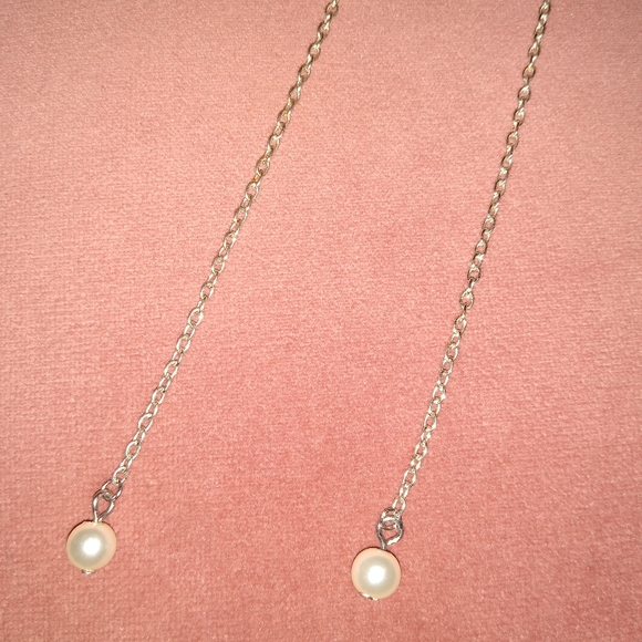 Long Pearl Chain Dangle Earrings Minimalist Solid 925 Sterling Silver Ear Wires - Picture 4 of 7